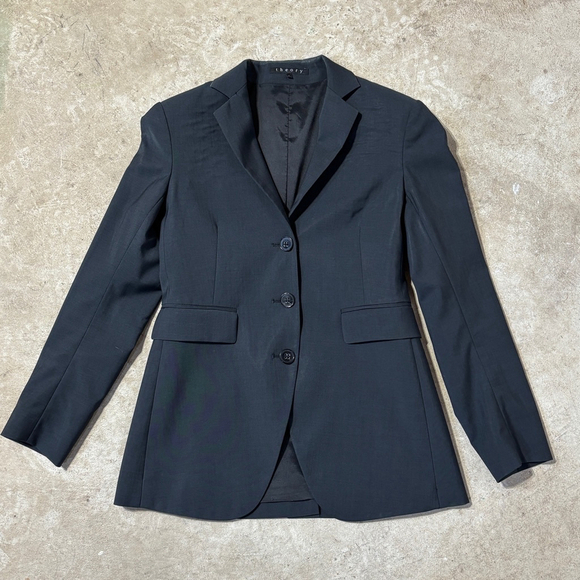 Theory Blazer Women’s Size 2 Black Three Button Closure Virgin Wool Office Work - Picture 1 of 13